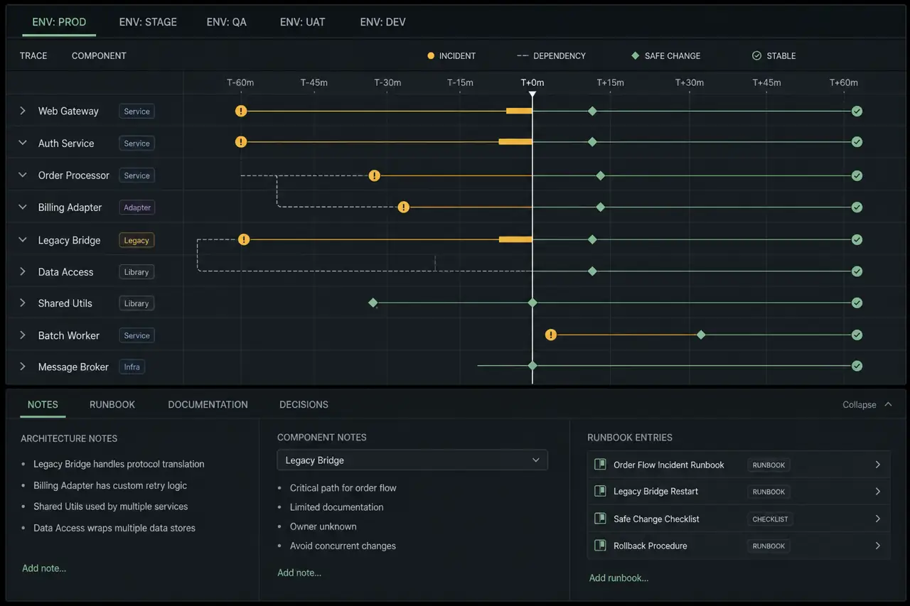 Illustrative legacy system diagnostic workspace showing an event trace, dependency map, incident markers, and a runbook drawer.